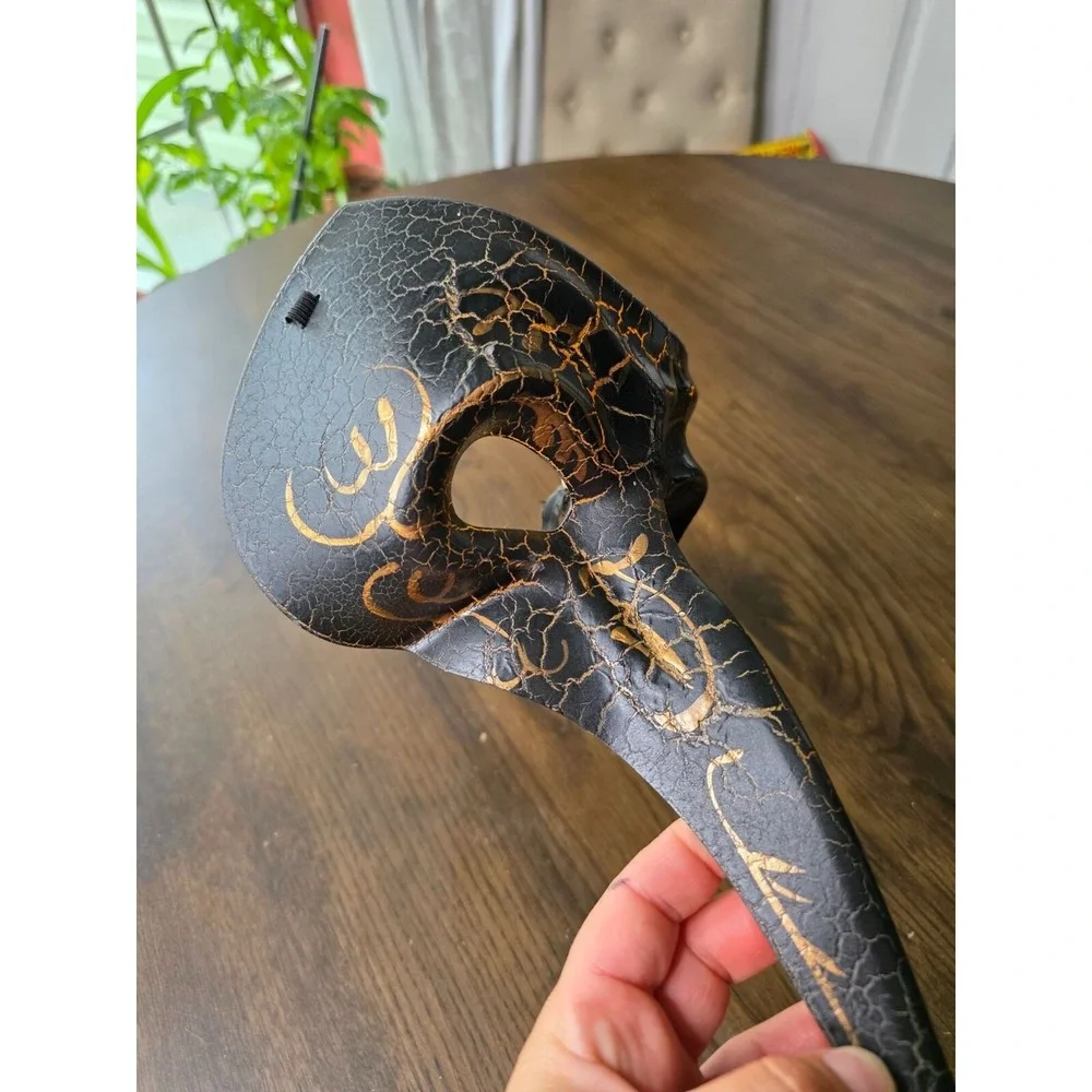 Black & Gold Crackle Plague Doctor Mask With Long Nose & Elastic Strap